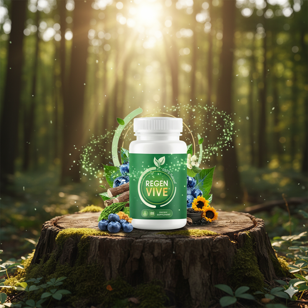 A premium studio shot of the Regen Vive supplement bottle, surrounded by its key natural components like blueberries, bitter melon, and sunflowers, with soft lighting that emphasizes its 100% natural and rejuvenating qualities. The visual style is clean and professional, suitable for a detailed Regen Vive review or product guide.
