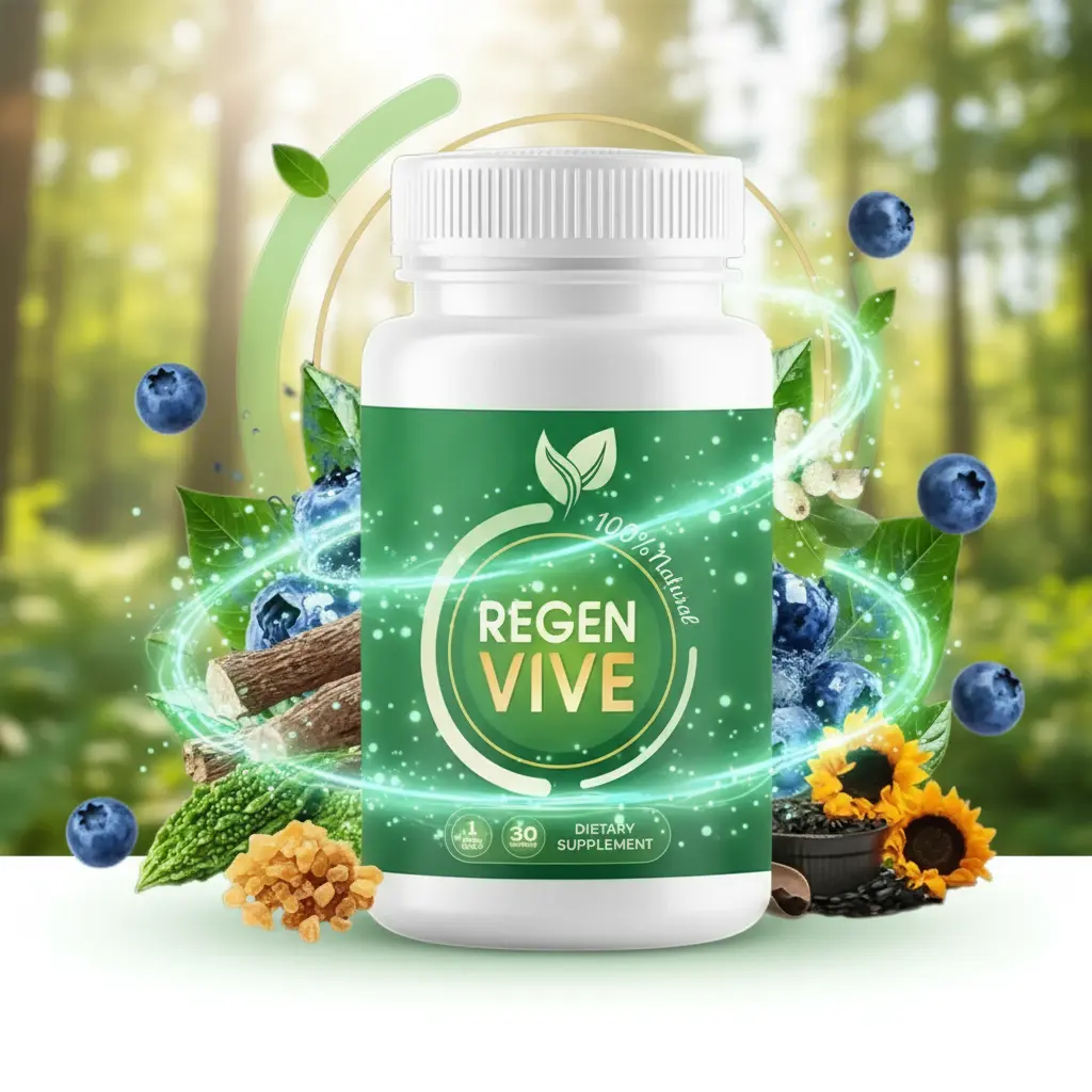 An enhanced graphic featuring the green and white RegenVive supplement bottle. The bottle is surrounded by dynamic, soft green and white light rays that suggest natural energy and vitality. The foreground is accented with clean water droplets and stylized, fresh leaves, emphasizing the 100% natural ingredients and rejuvenating effect of the supplement.