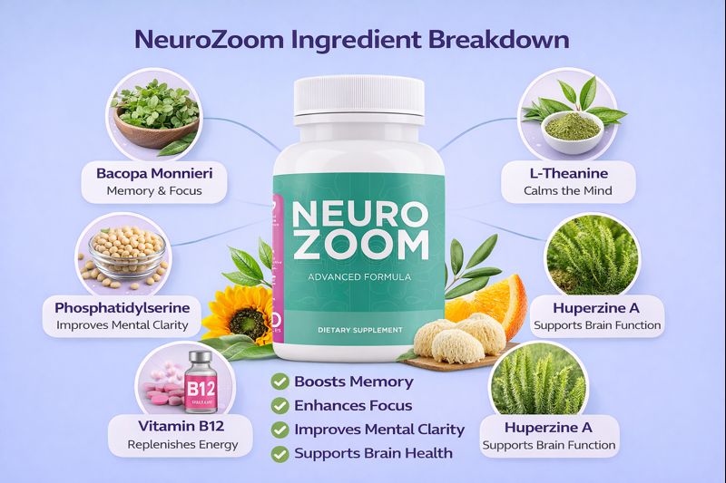 NeuroZoom ingredient breakdown infographic showing Bacopa Monnieri, L-Theanine, Phosphatidylserine, Vitamin B12 and Huperzine A