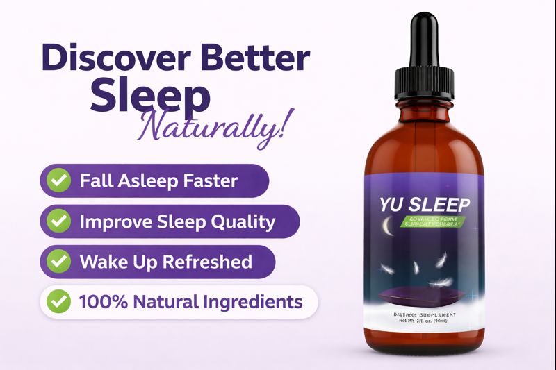 YU Sleep liquid dietary supplement bottle on solid background, natural sleep support formula designed to improve sleep quality