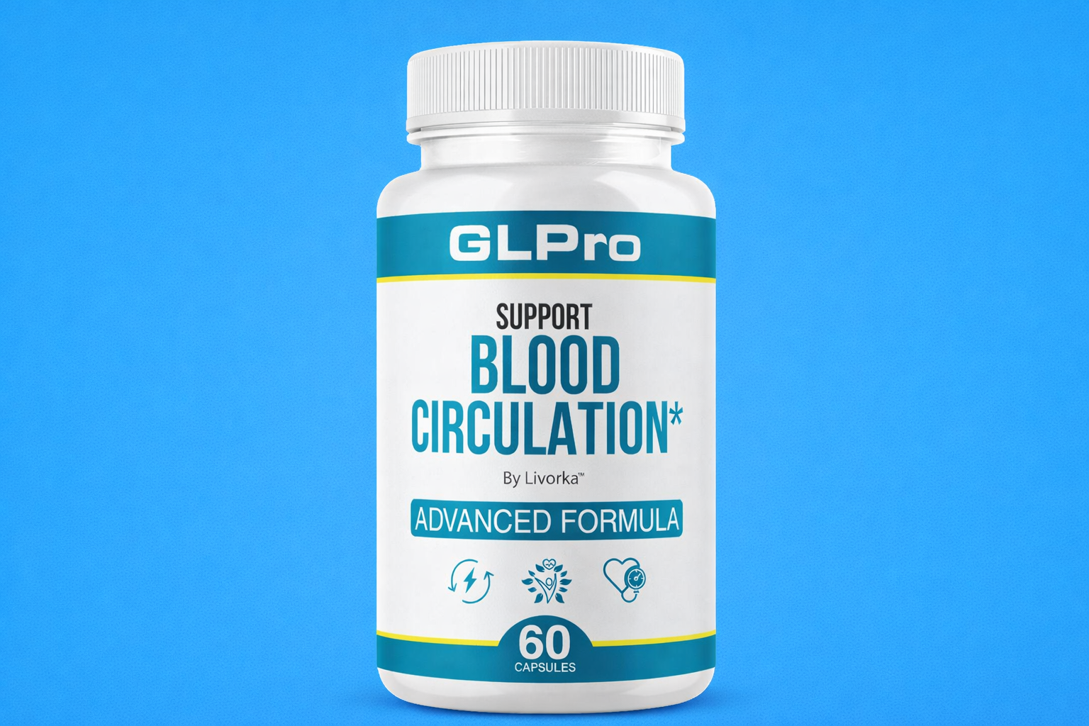 GLPro Support Blood Circulation supplement by Livorka displayed on a solid blue background, featuring advanced formula for healthy blood flow support and 60 capsules dietary supplement bottle.