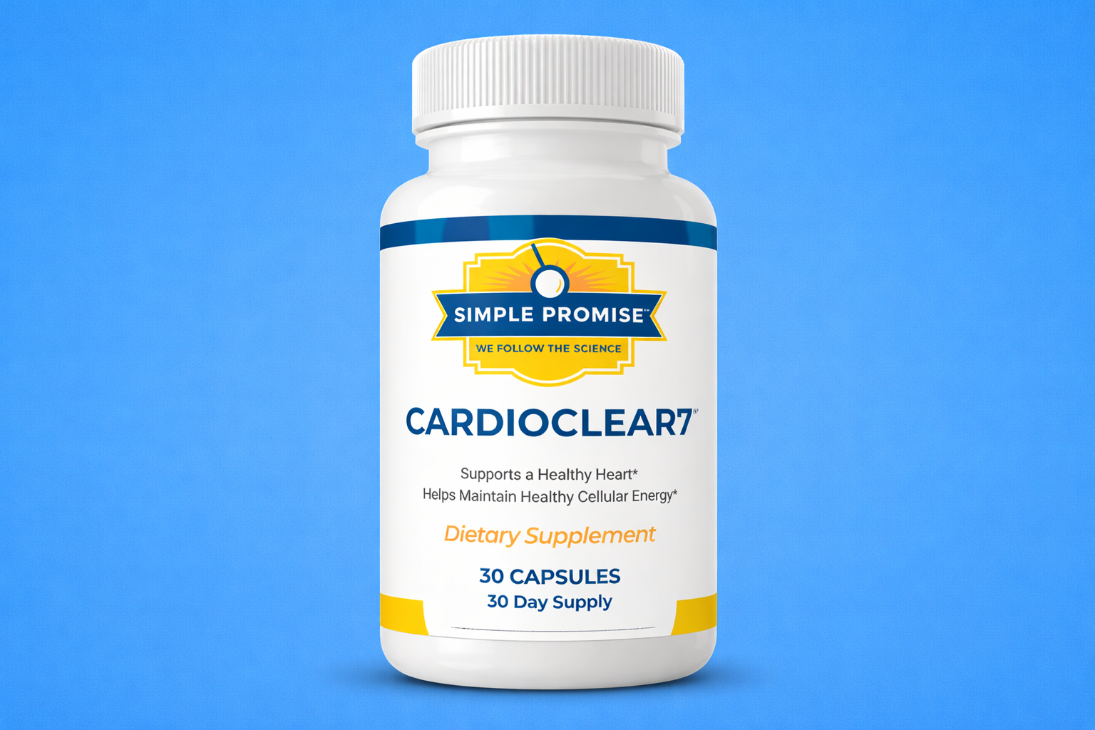CardioClear7 heart health dietary supplement bottle by Simple Promise displayed on a solid blue background, featuring 30 capsules formula for healthy heart support and cellular energy maintenance.