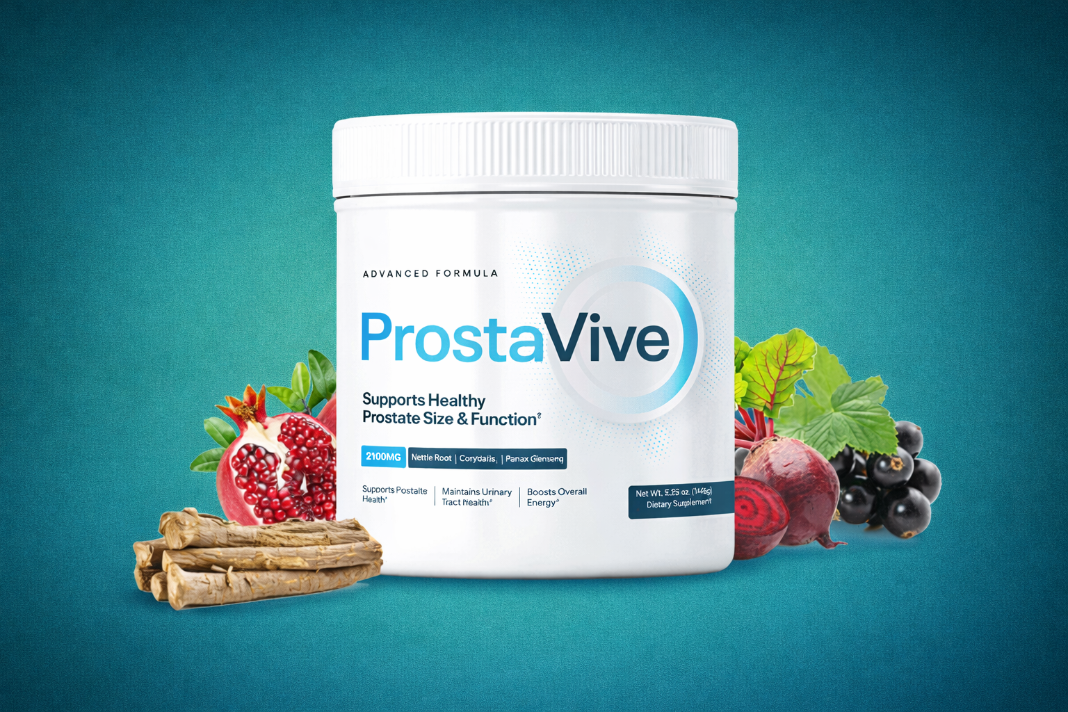ProstaVive advanced prostate support supplement container displayed on a solid teal background, featuring natural ingredients and formula designed to support healthy prostate size and urinary function.